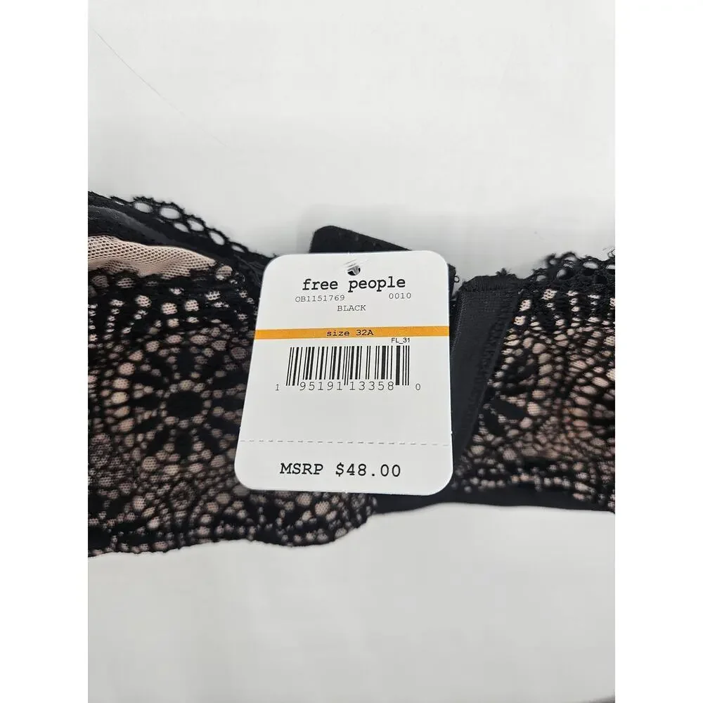 Free People Womens Starla Black Underwire‎ Balconette Bra Size 32A NWT